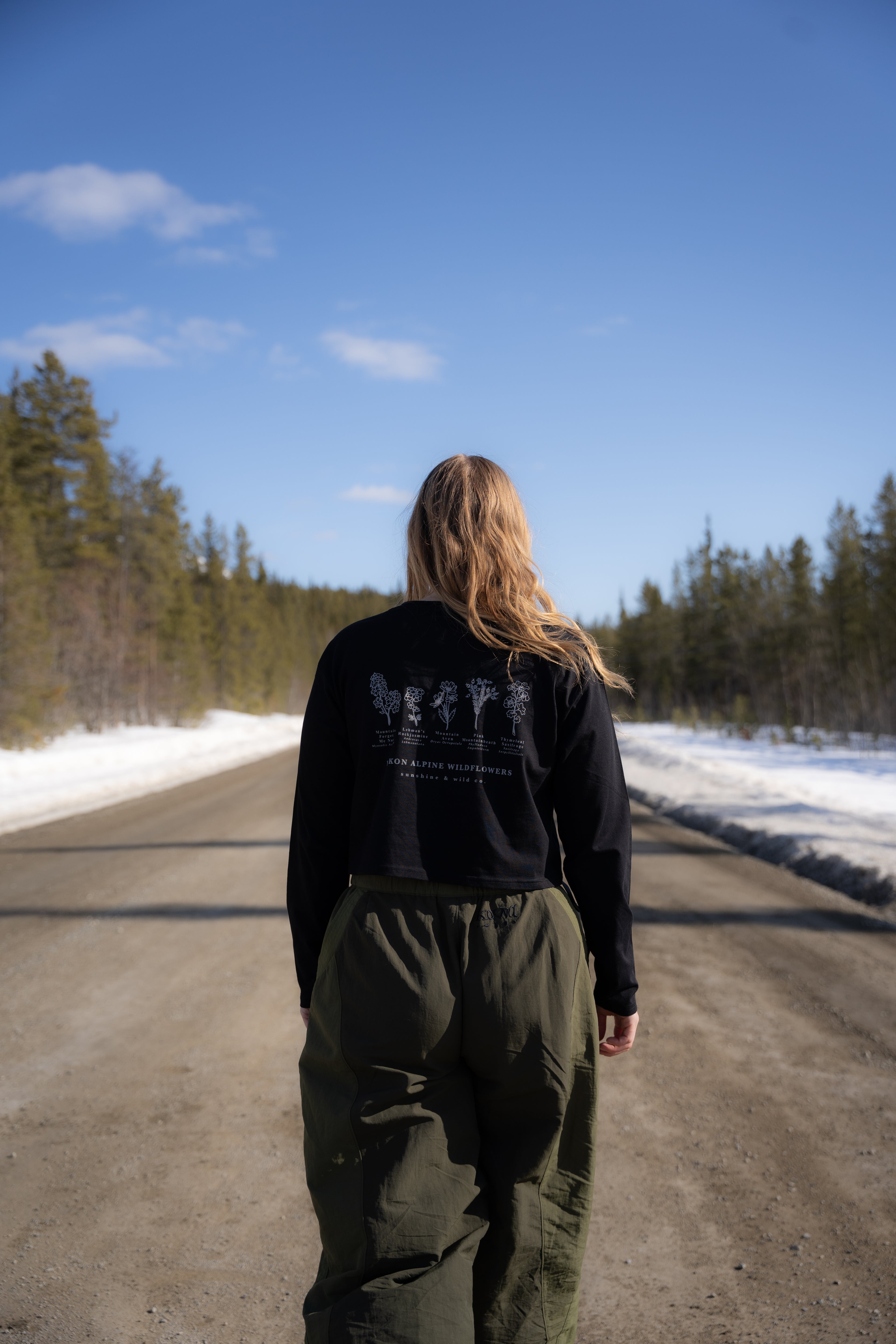 Women's Crop Long Sleeve Alpine Wildflowers - Black